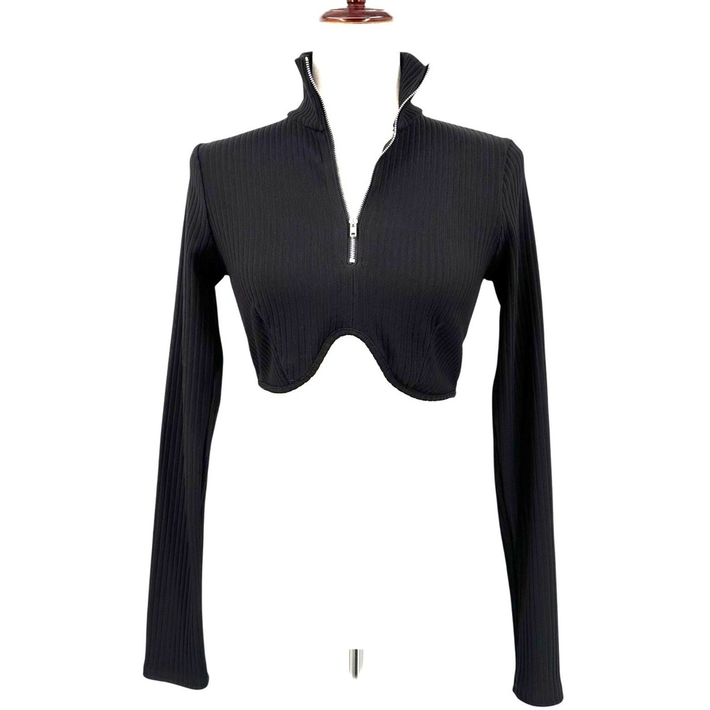 FOREVER 21 Cropped Top Black Ribbed Stretch Long Sleeve 1/4 Zip Mock Neck Medium